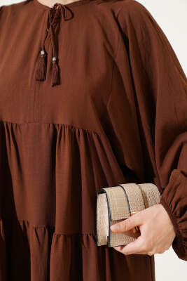 Yakası İpli Kat Model Elbise Kahve - Tesettür Elbise