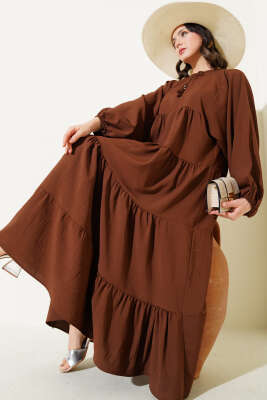 Yakası İpli Kat Model Elbise Kahve 