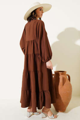 Yakası İpli Kat Model Elbise Kahve - Tesettür Elbise