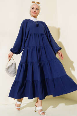 Yakası İpli Kat Model Elbise Lacivert 