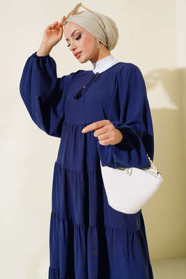 Yakası İpli Kat Model Elbise Lacivert - Tesettür Elbise