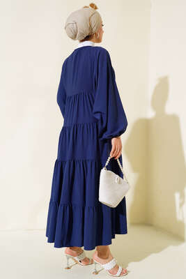 Yakası İpli Kat Model Elbise Lacivert - Tesettür Elbise