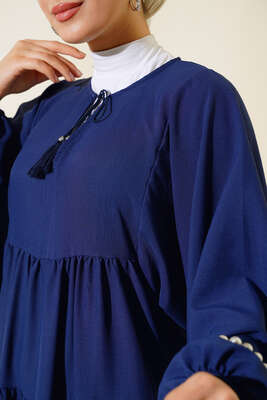 Yakası İpli Kat Model Elbise Lacivert - Tesettür Elbise