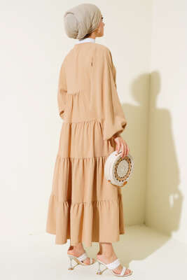 Yakası İpli Kat Model Elbise Latte - Tesettür Elbise