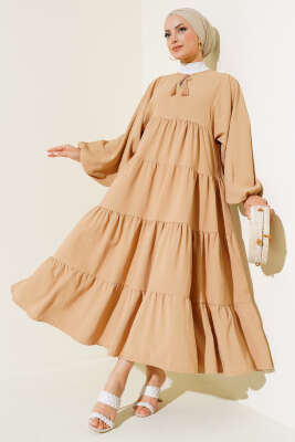 Yakası İpli Kat Model Elbise Latte 