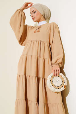 Yakası İpli Kat Model Elbise Latte - Tesettür Elbise