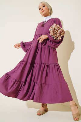 Yakası İpli Kat Model Elbise Lila