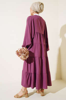 Yakası İpli Kat Model Elbise Lila - Tesettür Elbise