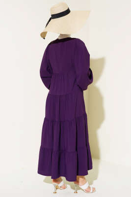 Yakası İpli Kat Model Elbise Mürdüm - Tesettür Elbise