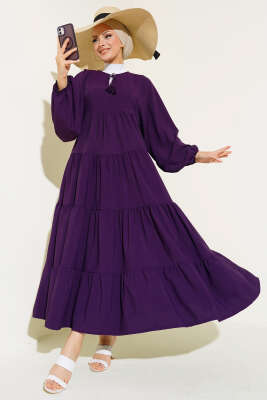 Yakası İpli Kat Model Elbise Mürdüm 