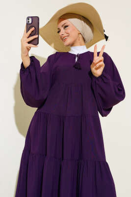 Yakası İpli Kat Model Elbise Mürdüm - Tesettür Elbise