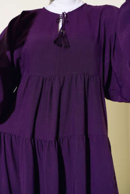 Yakası İpli Kat Model Elbise Mürdüm - Tesettür Elbise