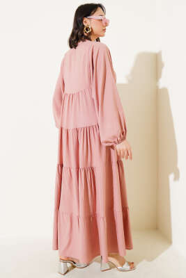 Yakası İpli Kat Model Elbise Pudra - Tesettür Elbise