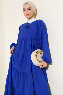 Yakası İpli Kat Model Elbise Saks 