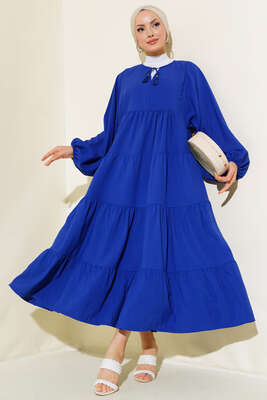 Yakası İpli Kat Model Elbise Saks - Tesettür Elbise