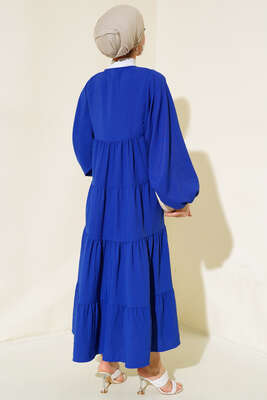 Yakası İpli Kat Model Elbise Saks - Tesettür Elbise