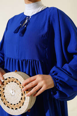 Yakası İpli Kat Model Elbise Saks - Tesettür Elbise