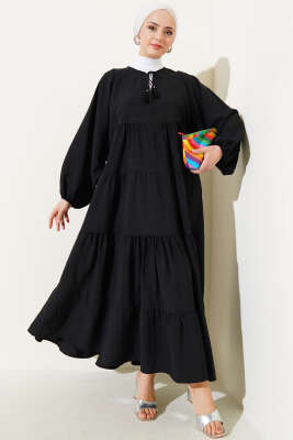 Yakası İpli Kat Model Elbise Siyah - Tesettür Elbise