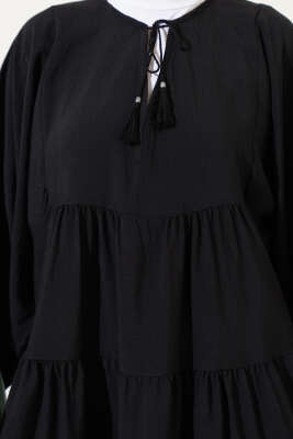 Yakası İpli Kat Model Elbise Siyah - Tesettür Elbise