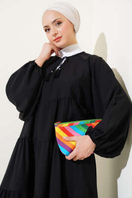 Yakası İpli Kat Model Elbise Siyah - Tesettür Elbise