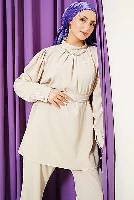 Yakası Kolyeli Tunik İkili Takım Bej - İkili Takım