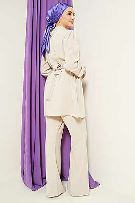 Yakası Kolyeli Tunik İkili Takım Bej - İkili Takım