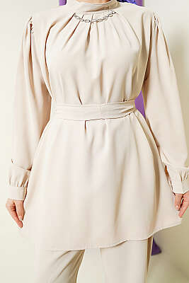 Yakası Kolyeli Tunik İkili Takım Bej - İkili Takım