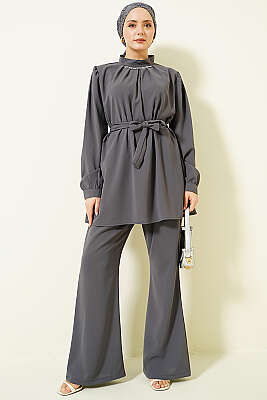 Yakası Kolyeli Tunik İkili Takım Füme - NESSİA