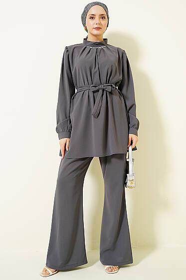 Yakası Kolyeli Tunik İkili Takım Füme - İkili Takım