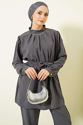 Yakası Kolyeli Tunik İkili Takım Füme - İkili Takım