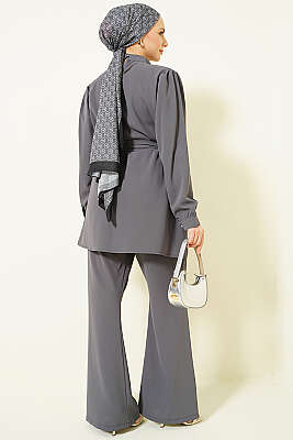 Yakası Kolyeli Tunik İkili Takım Füme - İkili Takım