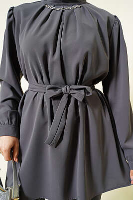 Yakası Kolyeli Tunik İkili Takım Füme - İkili Takım