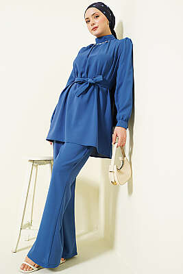 Yakası Kolyeli Tunik İkili Takım İndigo - İkili Takım