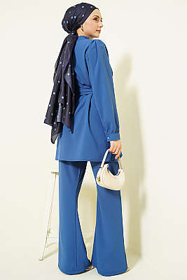 Yakası Kolyeli Tunik İkili Takım İndigo - İkili Takım