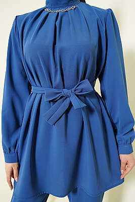 Yakası Kolyeli Tunik İkili Takım İndigo - İkili Takım