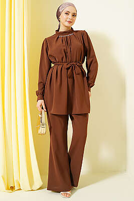 Yakası Kolyeli Tunik İkili Takım Kahve - NESSİA