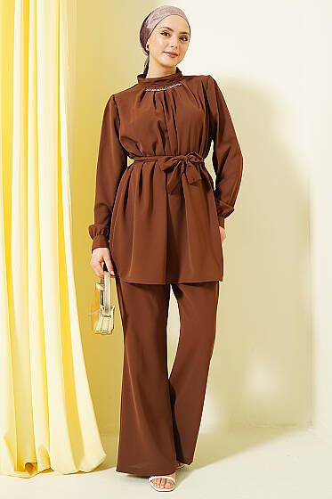Yakası Kolyeli Tunik İkili Takım Kahve - İkili Takım