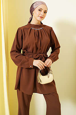 Yakası Kolyeli Tunik İkili Takım Kahve - İkili Takım