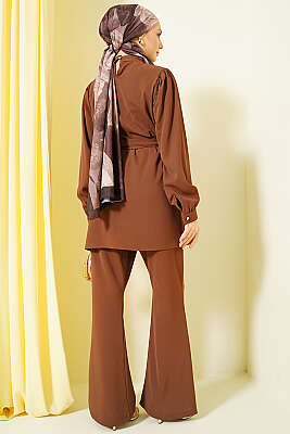 Yakası Kolyeli Tunik İkili Takım Kahve - İkili Takım