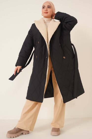 Yakası Kürklü Kapitone Mont Siyah - Mont