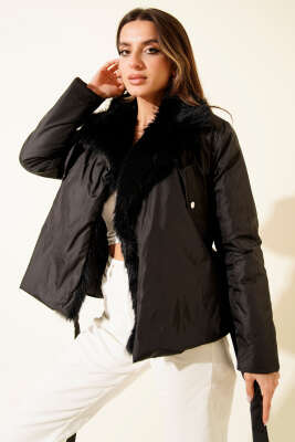 Yakası Kürklü Kuşaklı Kısa Mont Siyah - Kadın Giyim Modelleri