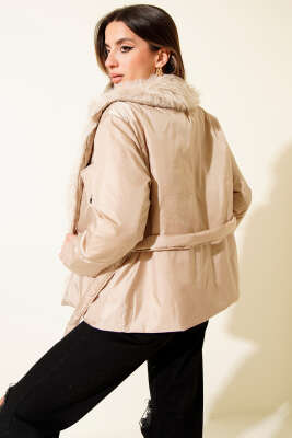 Yakası Kürklü Kuşaklı Kısa Mont Taş - Kadın Giyim Modelleri