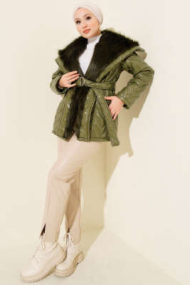 Yakası Kürklü Parlak Mont Haki - Mont