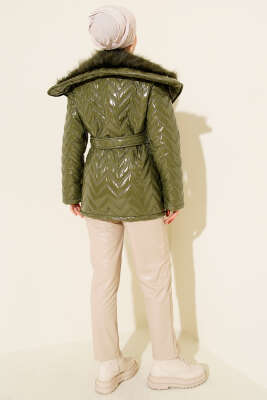 Yakası Kürklü Parlak Mont Haki - Mont