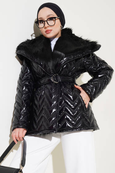 Yakası Kürklü Parlak Mont Siyah - Mont