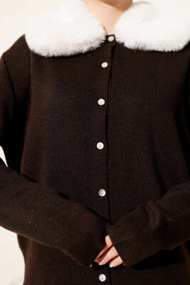 Yakası Kürklü Triko Kısa Hırka Kahve - Hırka