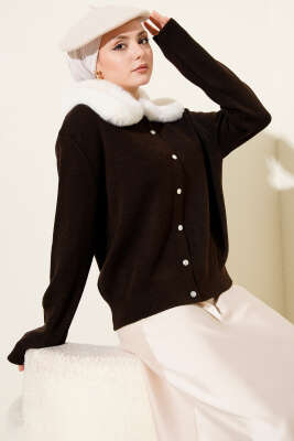 Yakası Kürklü Triko Kısa Hırka Kahve - KNZ TOPTAN