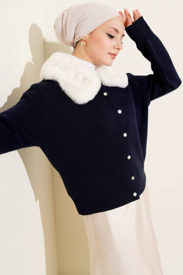 Yakası Kürklü Triko Kısa Hırka Lacivert - Hırka