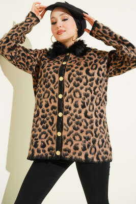 Yakası Kürklü Triko Leopar Hırka - FİXAY