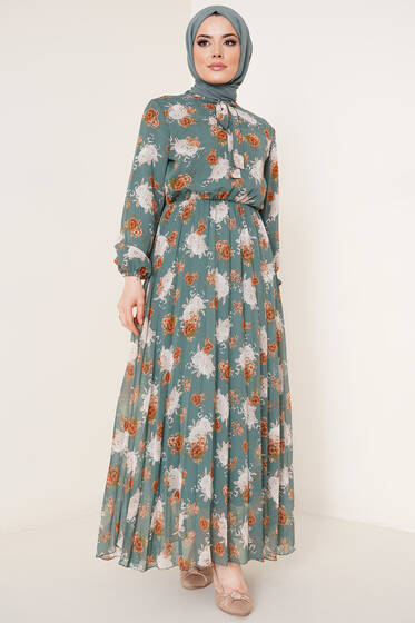 Yakası Kuşaklı Çiçek Desenli Elbise Çağla Yeşili - Tesettür Elbise